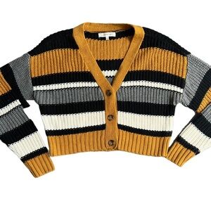 ULTRA FLIRT YELLOW/BLACK/WHITE/GRAY COLOR BLOCK STRIPPED CROPPED CARDIGAM